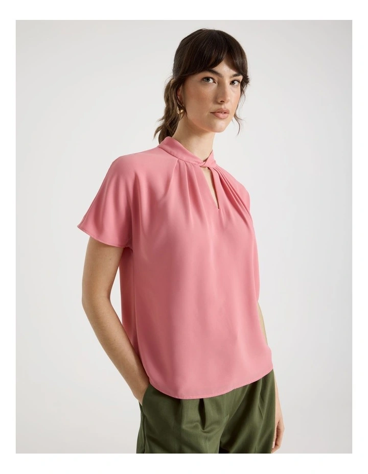 Short Sleeve Tuck V Neck Top in Pink image 4