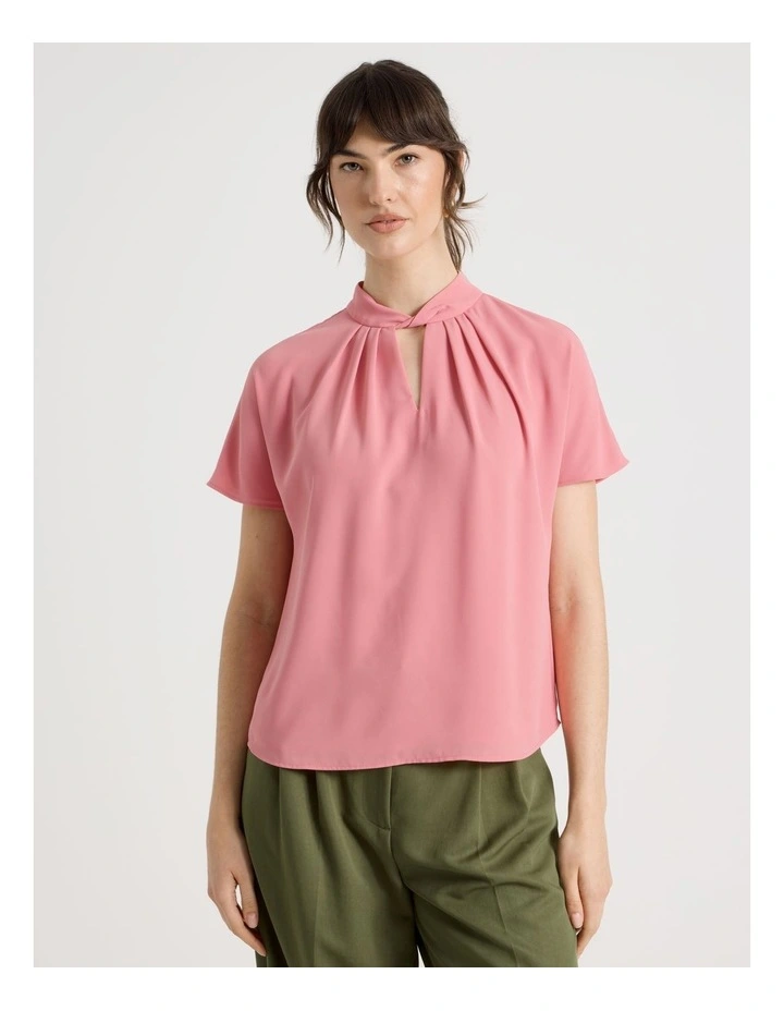 Short Sleeve Tuck V Neck Top in Pink image 5