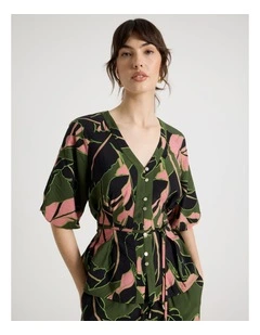 Short Sleeve Tie Detail Blouse in Palm Moss Print
