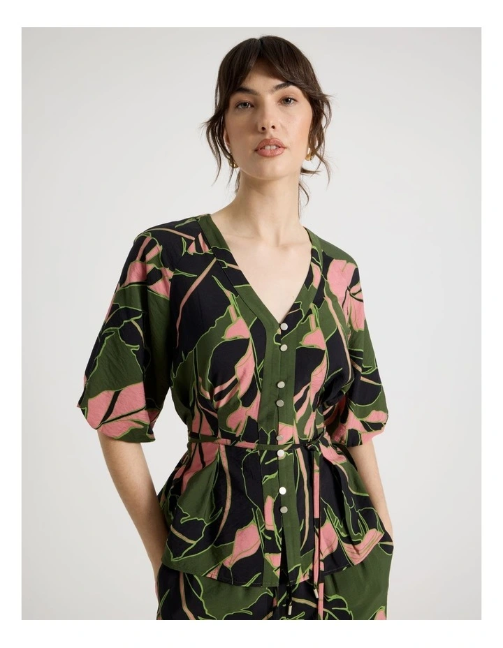 Short Sleeve Tie Detail Blouse in Palm Moss Print image 1