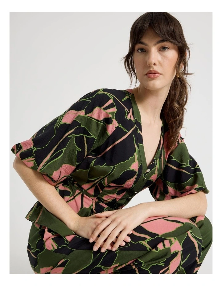 Short Sleeve Tie Detail Blouse in Palm Moss Print image 2