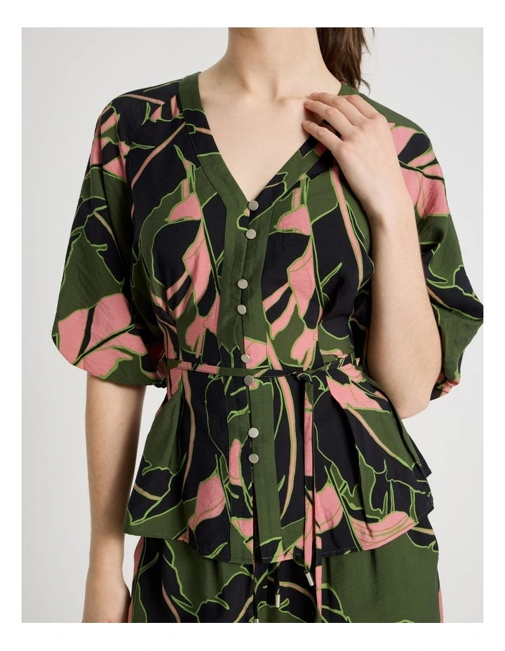 Short Sleeve Tie Detail Blouse in Palm Moss Print image 4