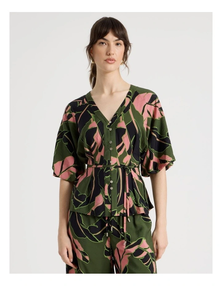 Short Sleeve Tie Detail Blouse in Palm Moss Print image 5