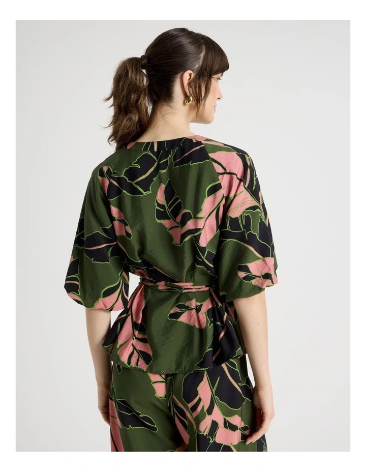 Short Sleeve Tie Detail Blouse in Palm Moss Print image 6