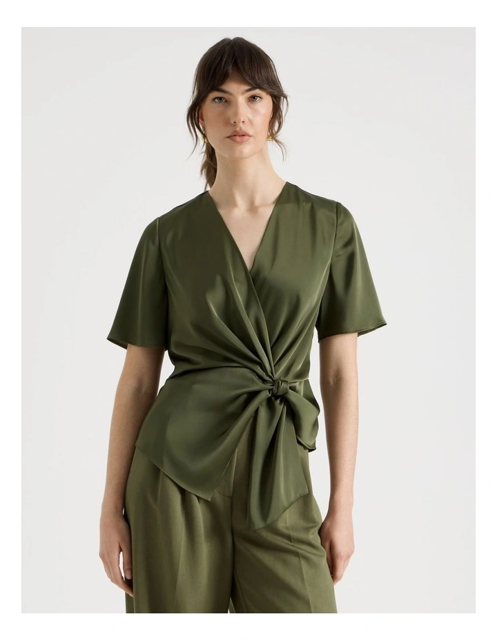 Short Sleeve Wrap Top in Green image 1