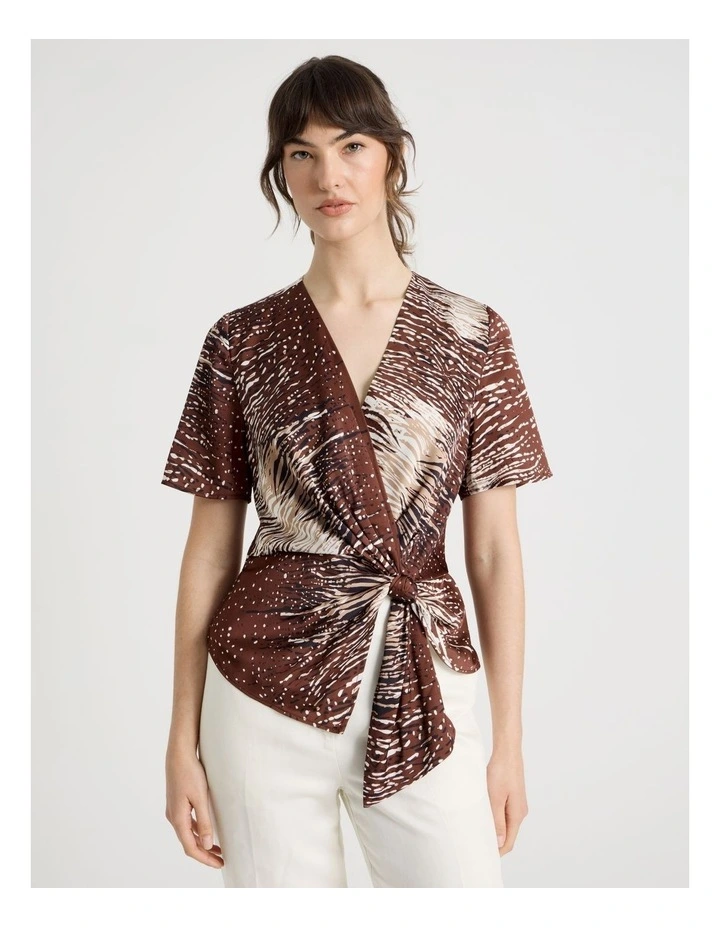 Short Sleeve Wrap Top in Animal Print image 1
