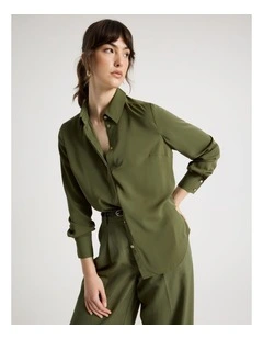 Long Sleeve Drapey Shirt in Dark Green