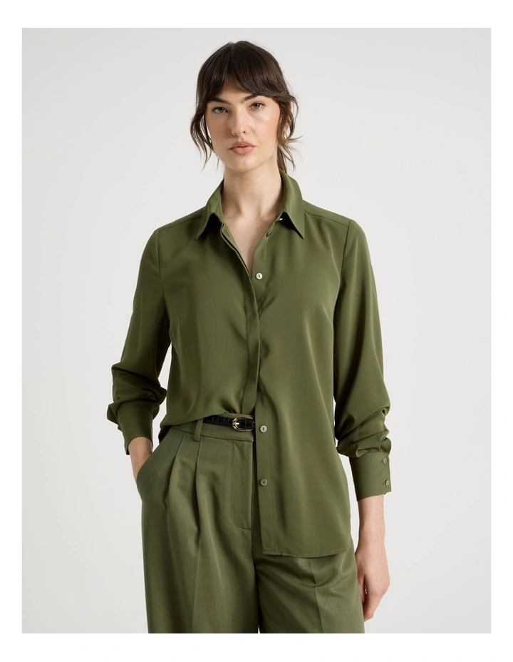 Long Sleeve Drapey Shirt in Dark Green image 2