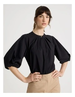Short Sleeve Crisp Tuck Poplin Top in Black