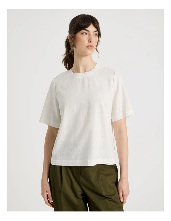 Short Sleeve Linen Blend Crew Neck Tee in White image 3