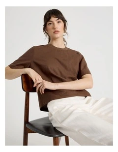 Short Sleeve Linen Blend Crew Neck Tee in Dark Brown
