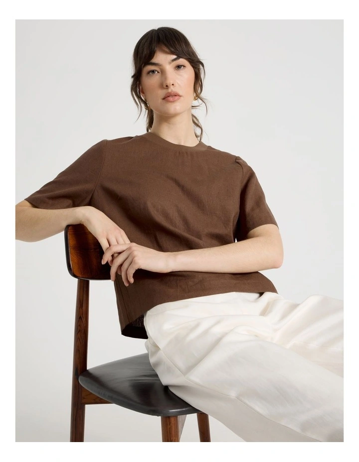 Short Sleeve Linen Blend Crew Neck Tee in Dark Brown image 1