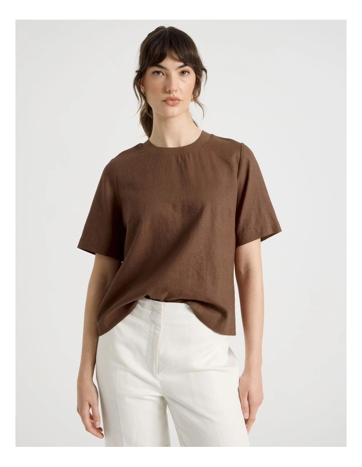 Short Sleeve Linen Blend Crew Neck Tee in Dark Brown image 2