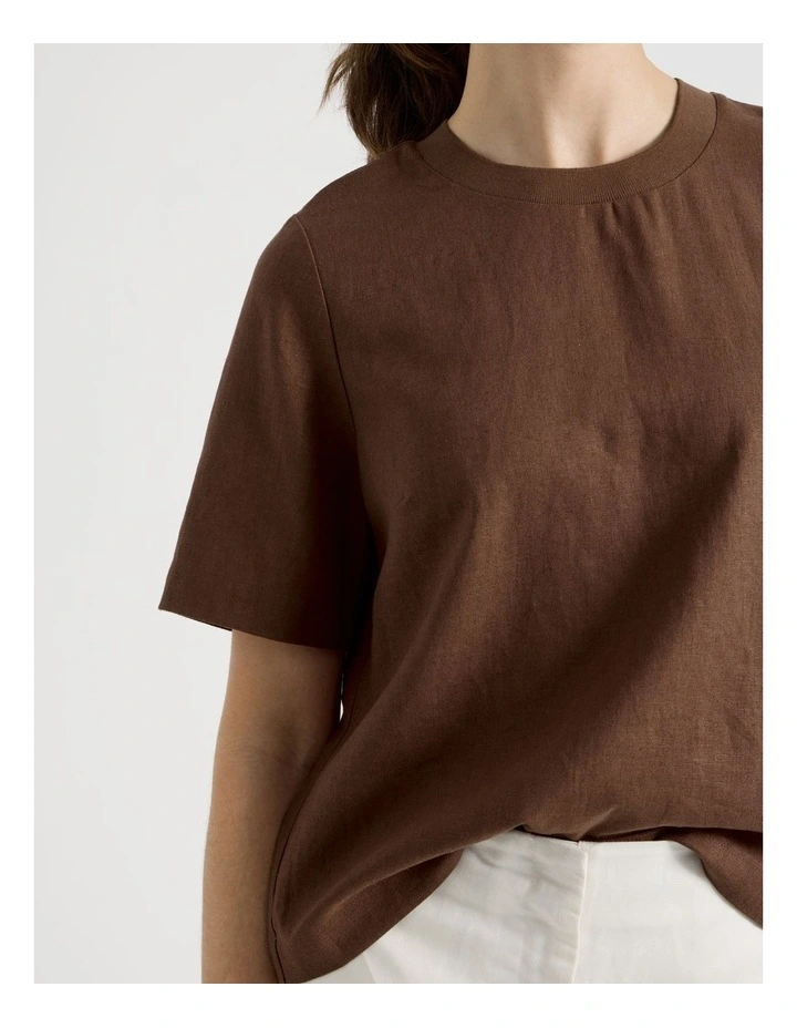 Short Sleeve Linen Blend Crew Neck Tee in Dark Brown image 3
