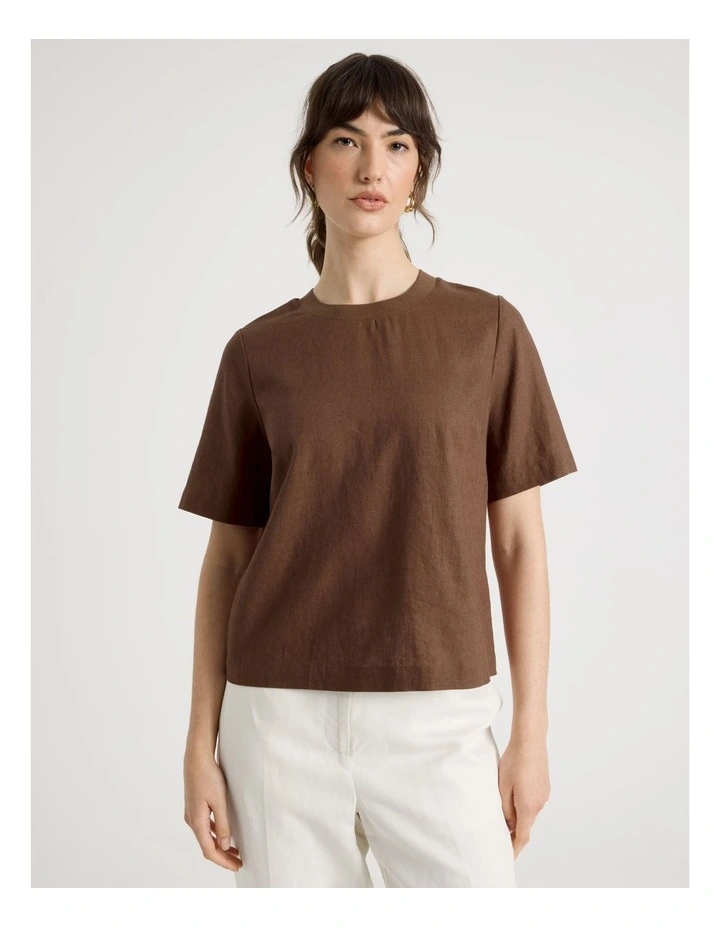 Short Sleeve Linen Blend Crew Neck Tee in Dark Brown image 5