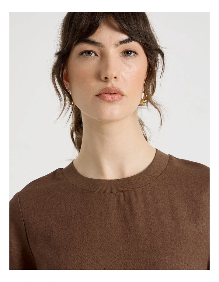Short Sleeve Linen Blend Crew Neck Tee in Dark Brown image 7