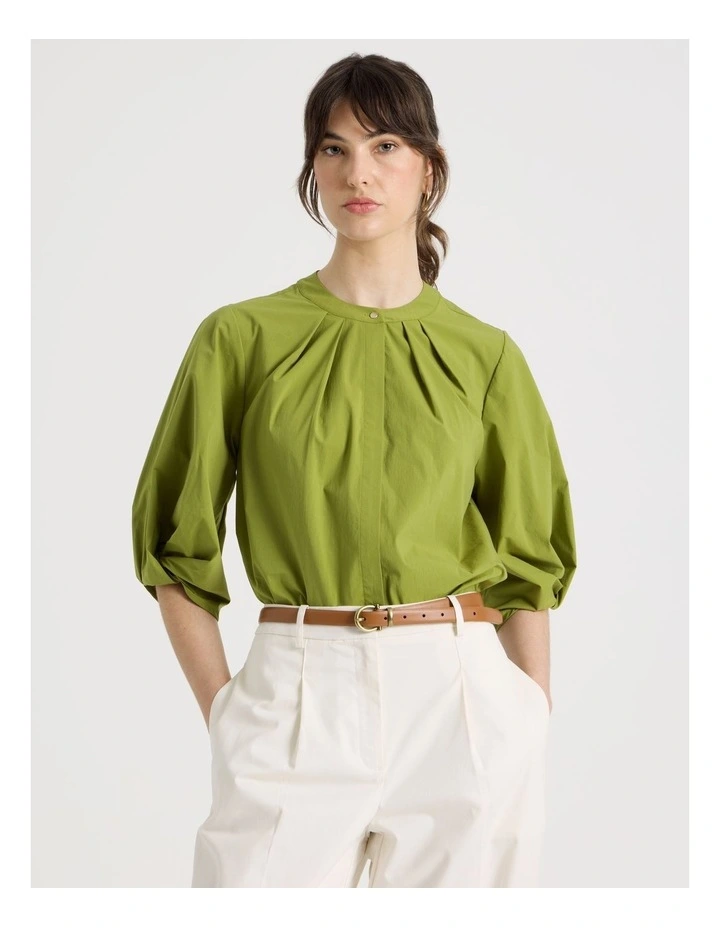 Short Sleeve Crisp Tuck Poplin Top in Chartreuse image 1