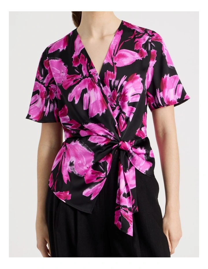 Short Sleeve Wrap Top in Pink Floral Print image 3