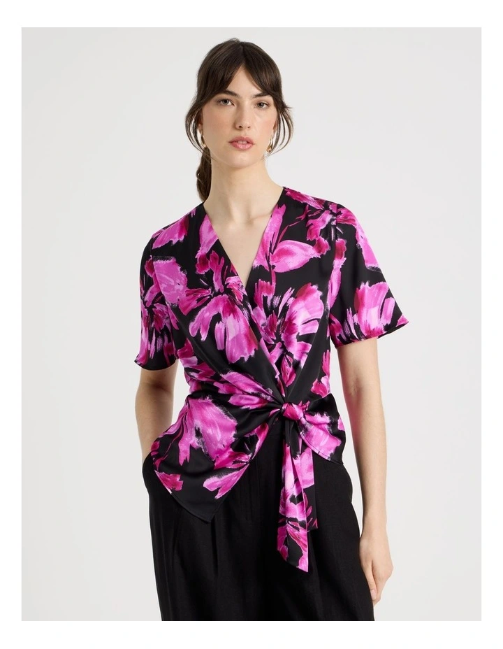 Short Sleeve Wrap Top in Pink Floral Print image 4