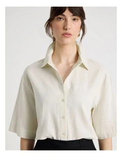 Short Sleeve Linen Blend Boxy Shirt in Ecru