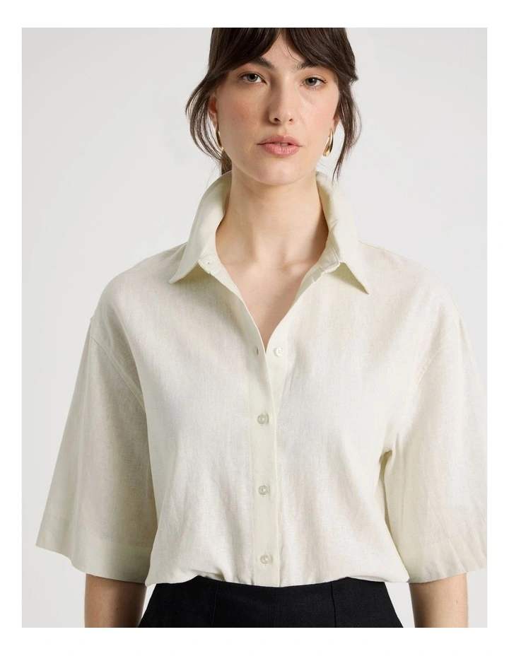 Short Sleeve Linen Blend Boxy Shirt in Ecru image 1