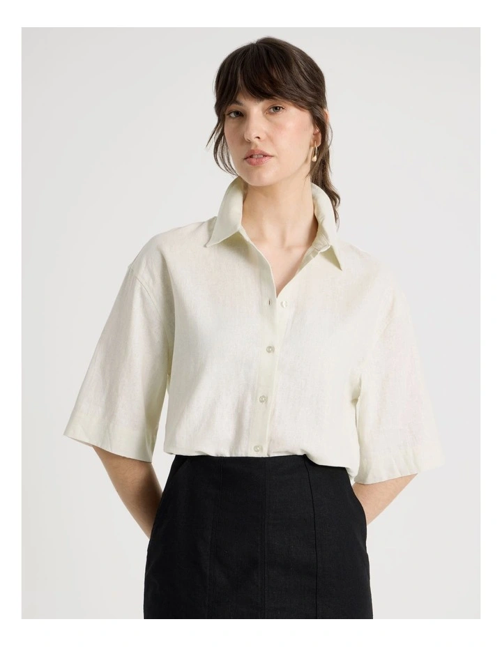 Short Sleeve Linen Blend Boxy Shirt in Ecru image 3