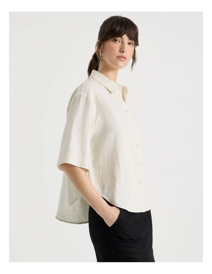 Short Sleeve Linen Blend Boxy Shirt in Ecru image 5
