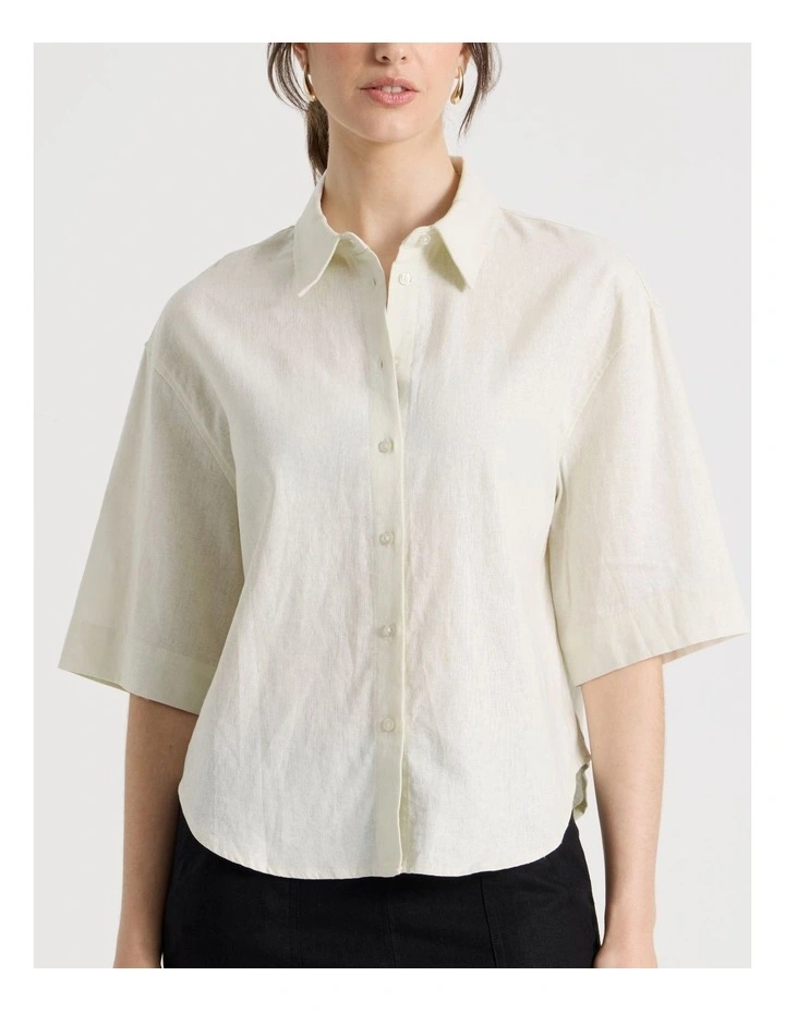Short Sleeve Linen Blend Boxy Shirt in Ecru image 7