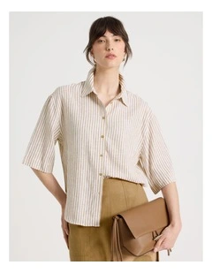 Short Sleeve Linen Blend Boxy Shirt in Beige Stripe