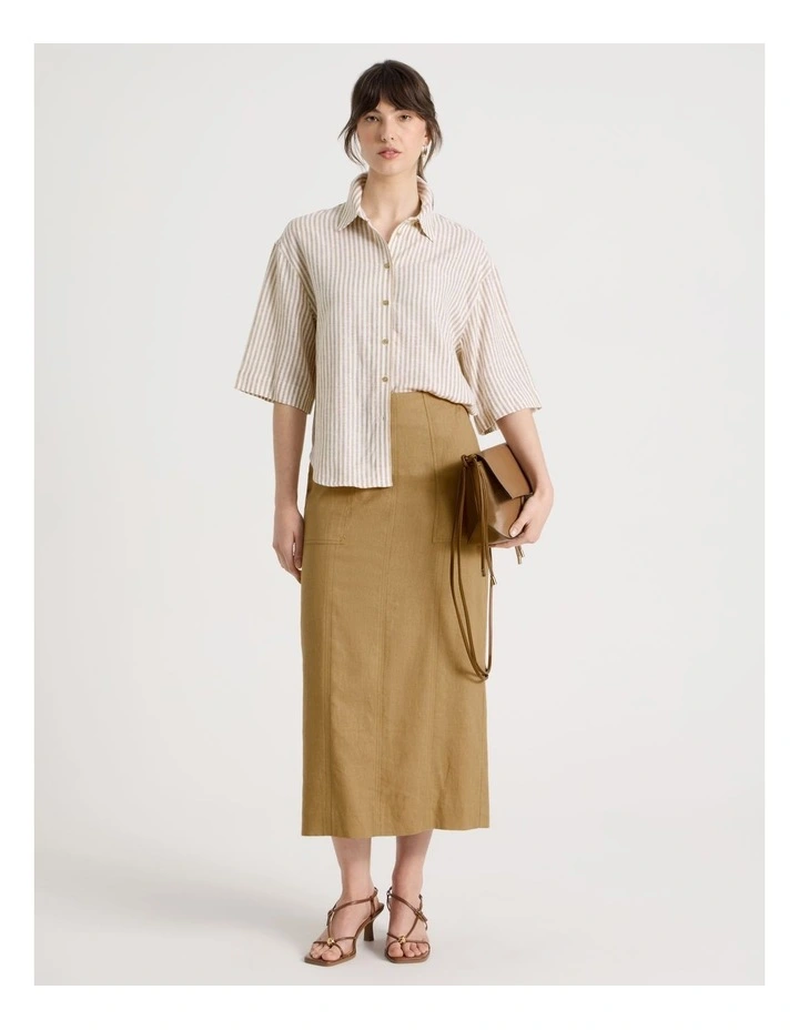 Short Sleeve Linen Blend Boxy Shirt in Beige Stripe image 3