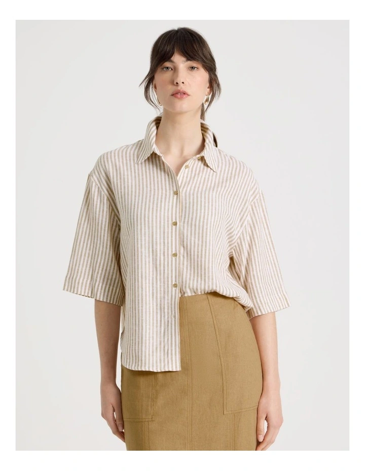 Short Sleeve Linen Blend Boxy Shirt in Beige Stripe image 4