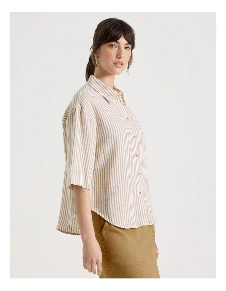 Short Sleeve Linen Blend Boxy Shirt in Beige Stripe image 5