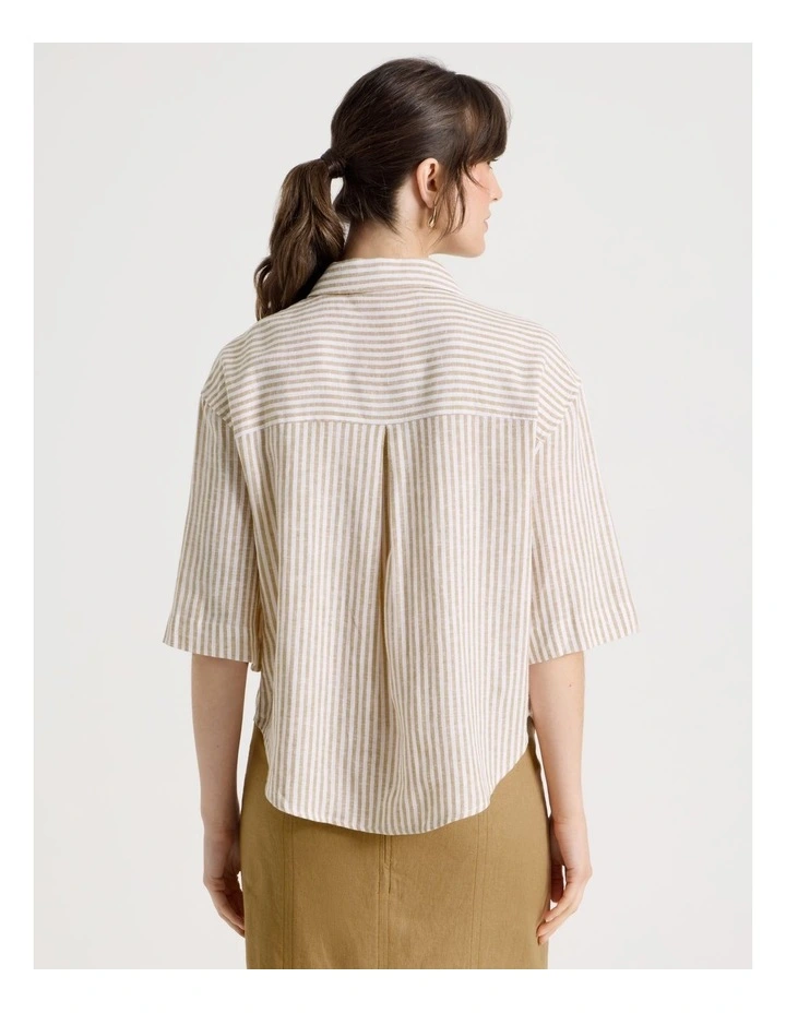 Short Sleeve Linen Blend Boxy Shirt in Beige Stripe image 6