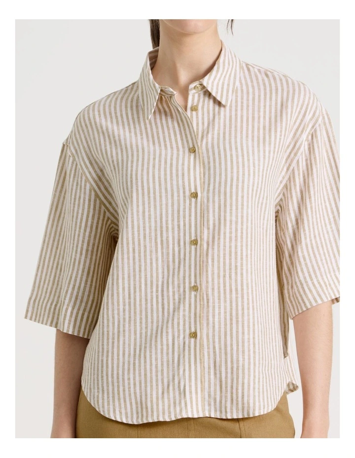 Short Sleeve Linen Blend Boxy Shirt in Beige Stripe image 7