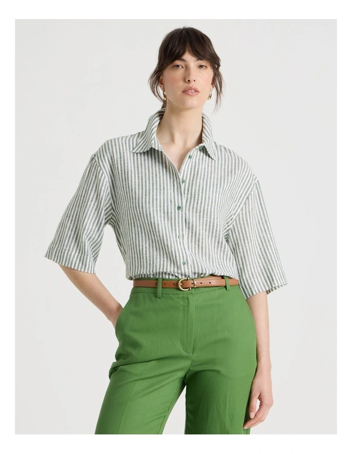 Short Sleeve Linen Blend Boxy Shirt in Cactus Stripe image 1