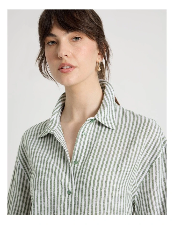 Short Sleeve Linen Blend Boxy Shirt in Cactus Stripe image 3