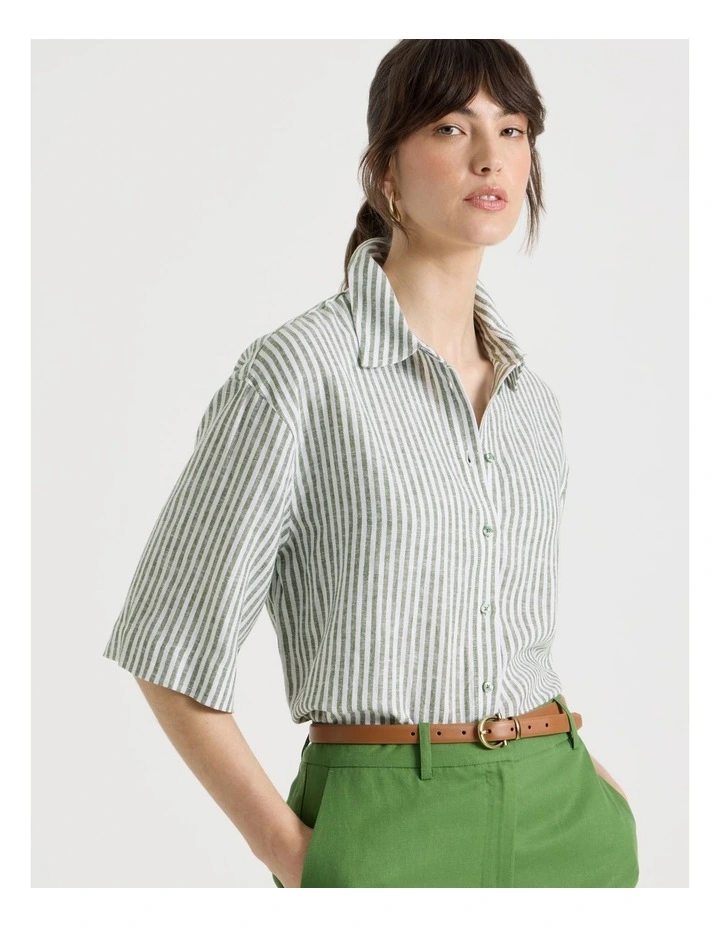Short Sleeve Linen Blend Boxy Shirt in Cactus Stripe image 4