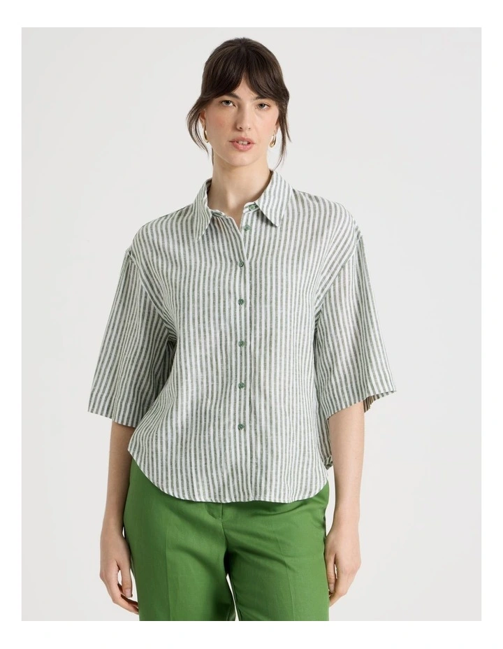 Short Sleeve Linen Blend Boxy Shirt in Cactus Stripe image 5