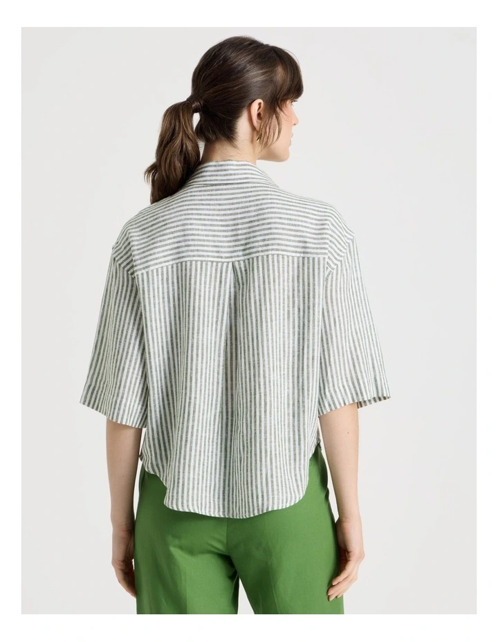 Short Sleeve Linen Blend Boxy Shirt in Cactus Stripe image 6