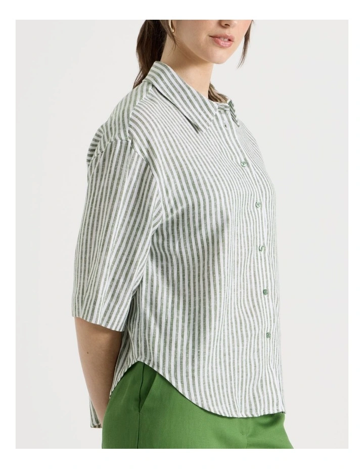Short Sleeve Linen Blend Boxy Shirt in Cactus Stripe image 7