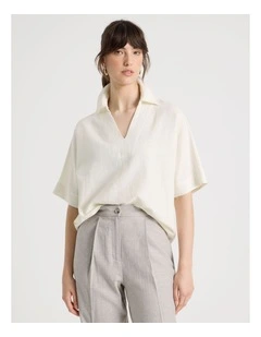 Short Sleeve Linen Blend Collar Placket Top in Ecru