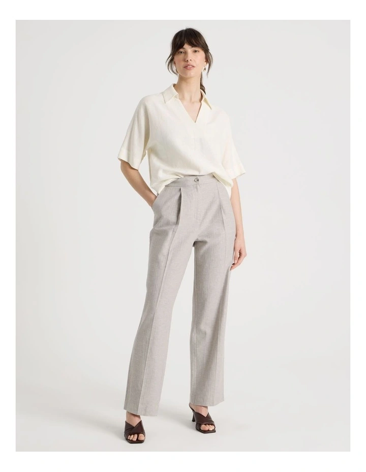 Short Sleeve Linen Blend Collar Placket Top in Ecru image 2