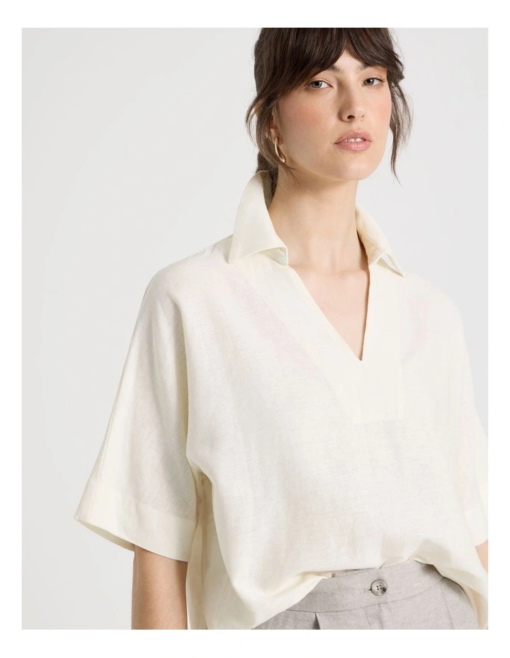 Short Sleeve Linen Blend Collar Placket Top in Ecru image 3