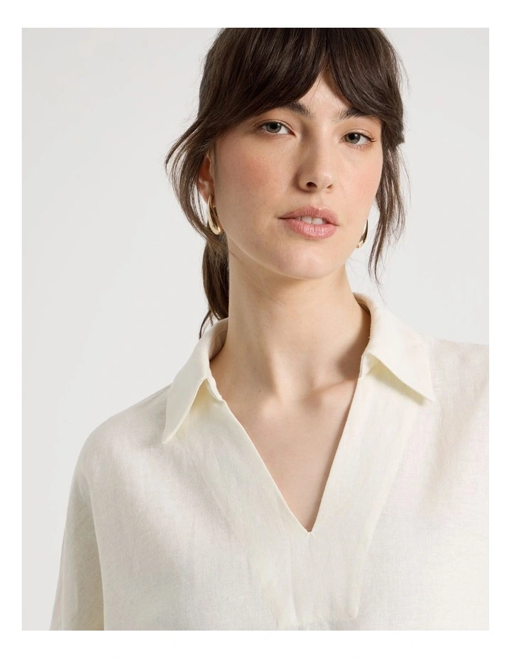 Short Sleeve Linen Blend Collar Placket Top in Ecru image 4