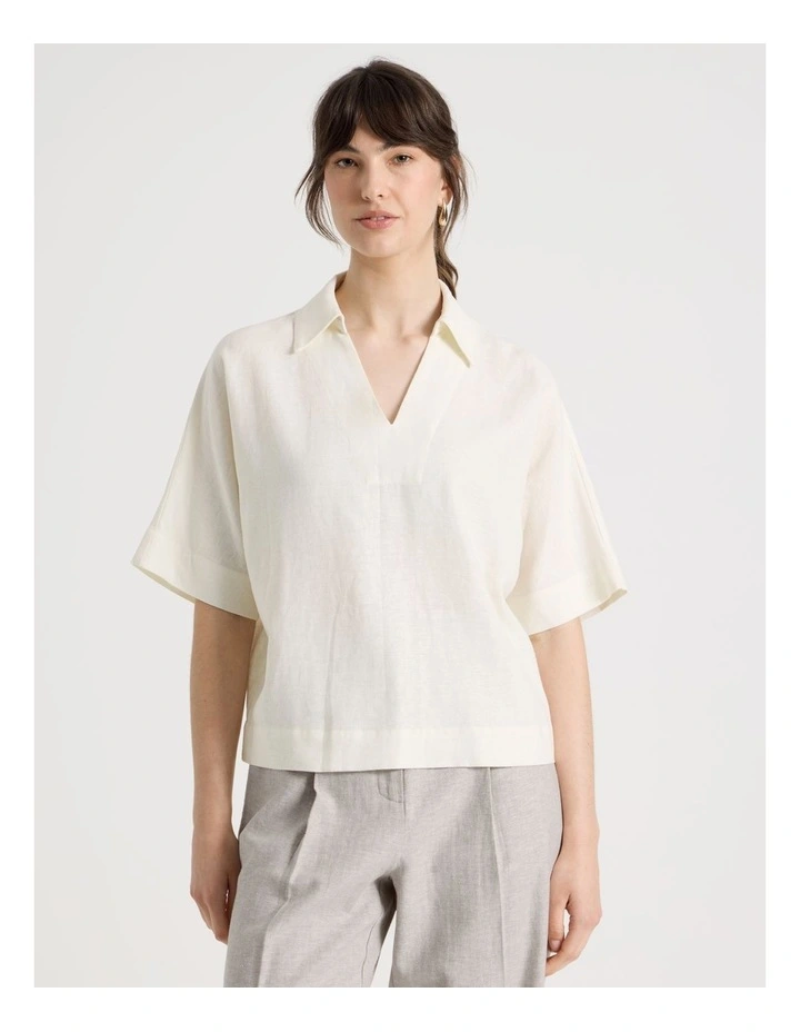 Short Sleeve Linen Blend Collar Placket Top in Ecru image 5