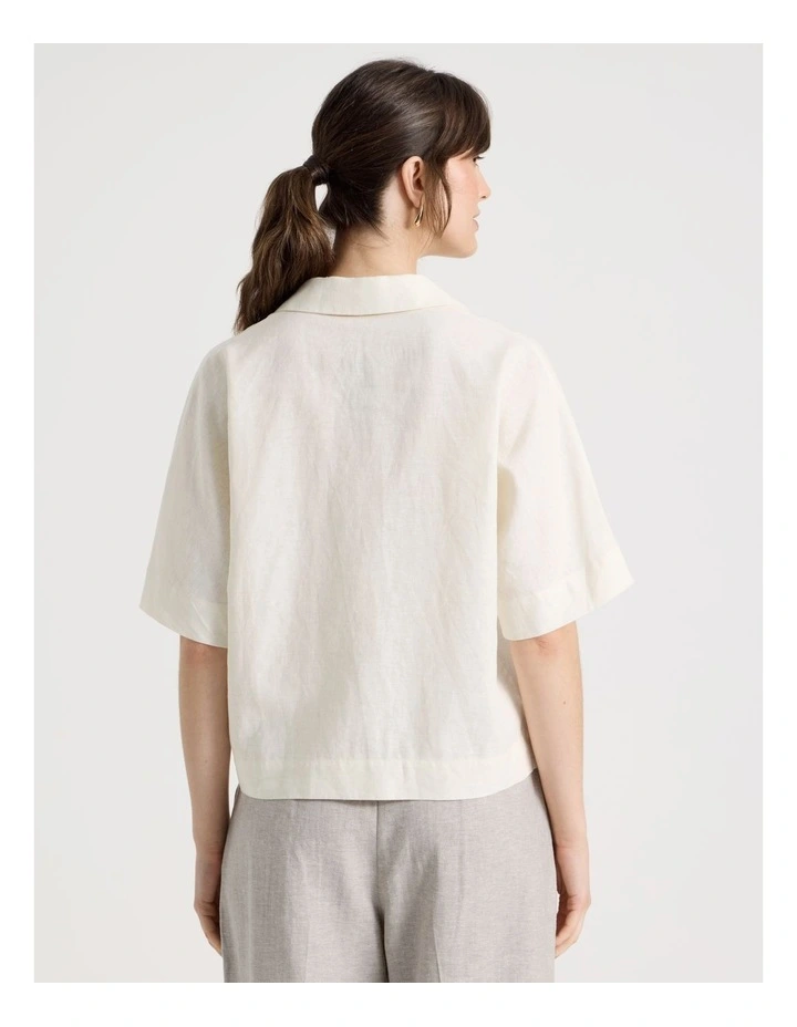 Short Sleeve Linen Blend Collar Placket Top in Ecru image 6