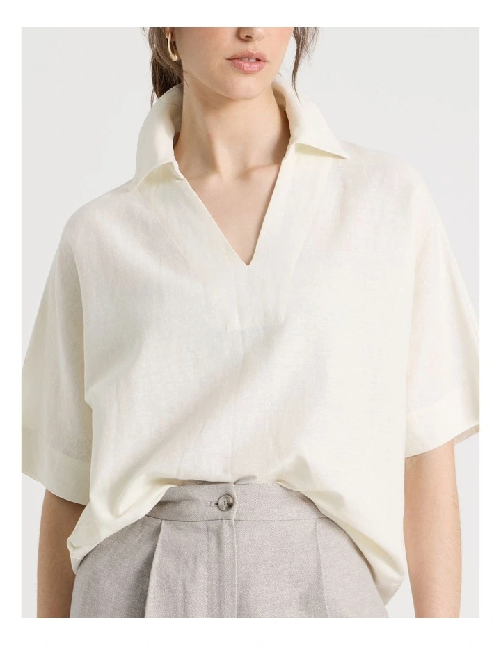 Short Sleeve Linen Blend Collar Placket Top in Ecru image 7