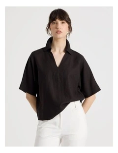 Short Sleeve Linen Blend Collar Placket in Black