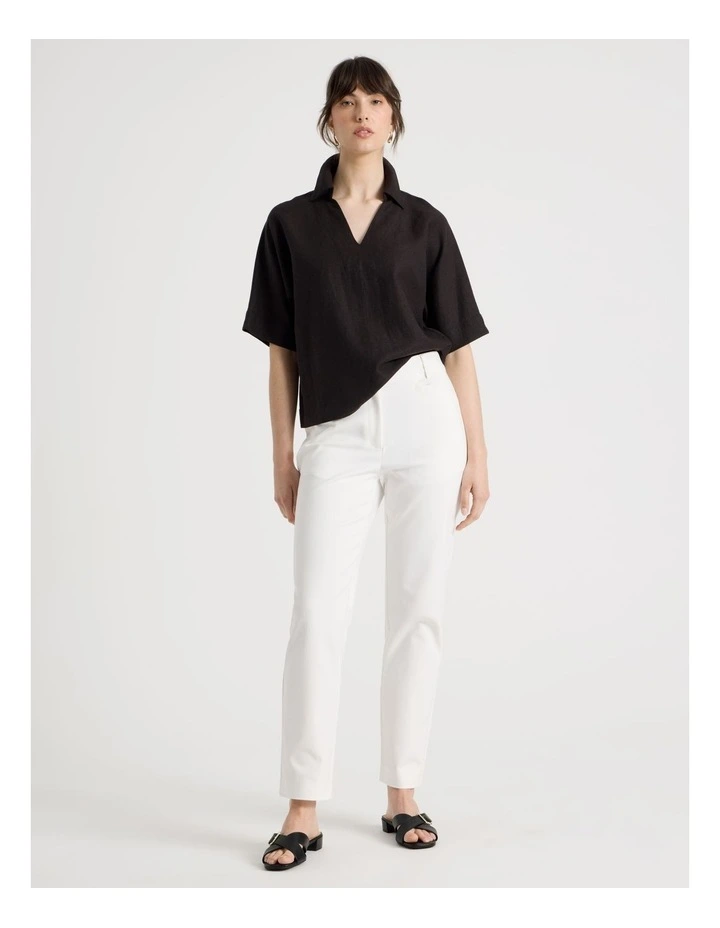 Short Sleeve Linen Blend Collar Placket in Black image 2