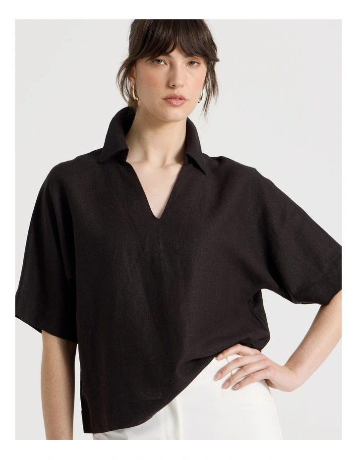 Short Sleeve Linen Blend Collar Placket in Black image 3